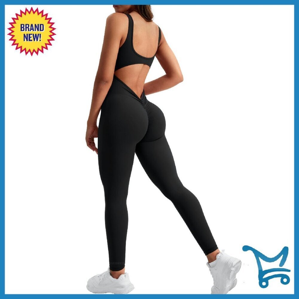 Sleeveless Backless Jumpsuit Tummy Control Workout Romper V Back Scrunch